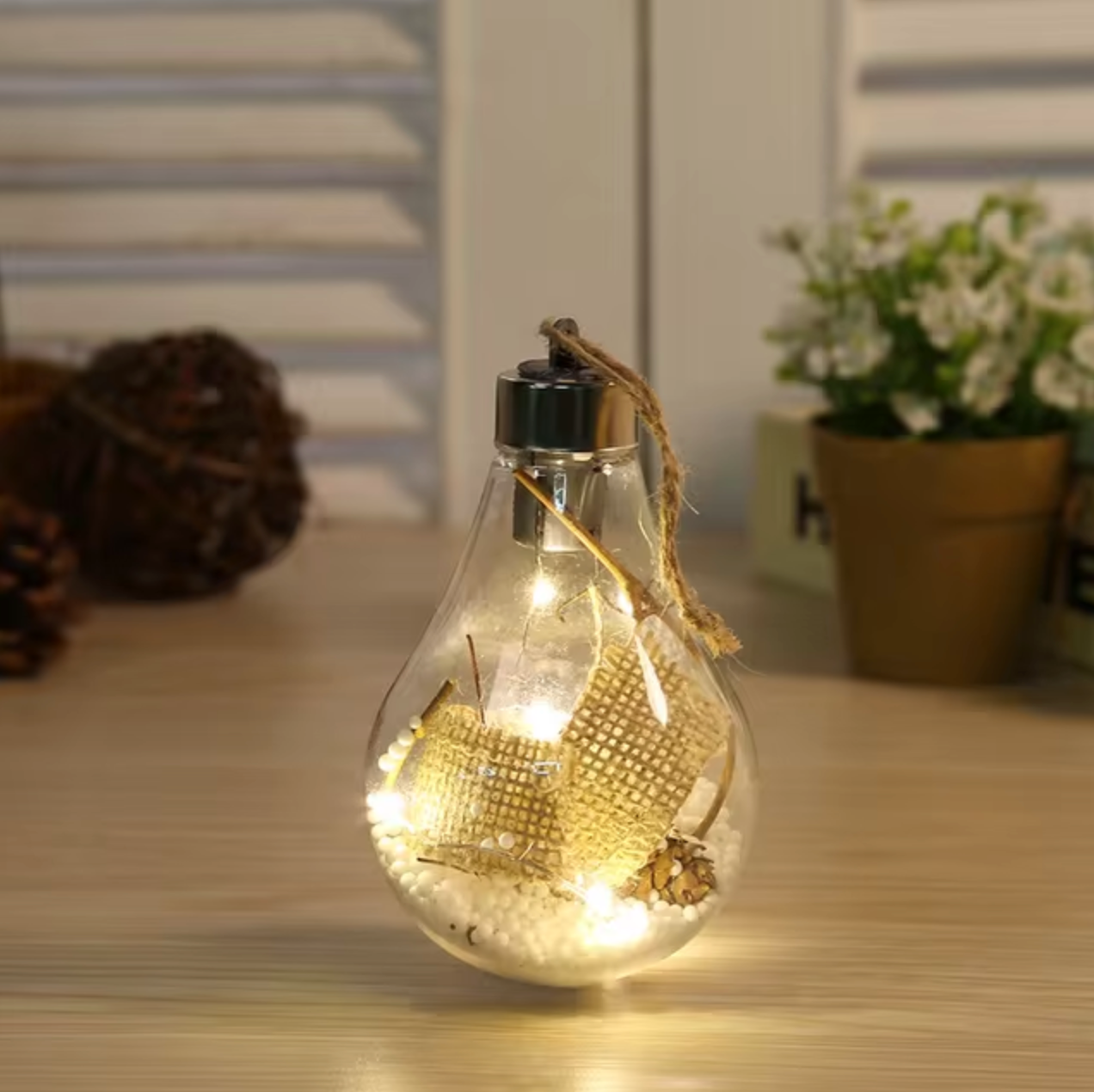 Transparent LED Christmas Ball Pendant Light Set 5pcs with Real Pine Cones - Festive Home Decor for Holiday Season, DIY Night Light Ornament