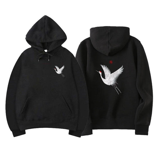 Oversized relaxed hoodie - embroidered crane, cotton blend