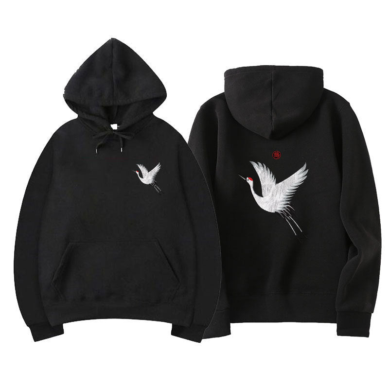 Oversized relaxed hoodie - embroidered crane, cotton blend