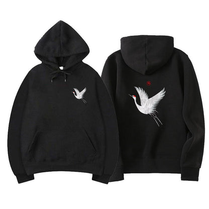 Oversized relaxed hoodie - embroidered crane, cotton blend
