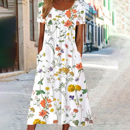 Elegant Floral Print Summer Dress, Short Sleeves, Round Neckline, Comfortable Cotton-Polyester Blend, Calf Length-1
