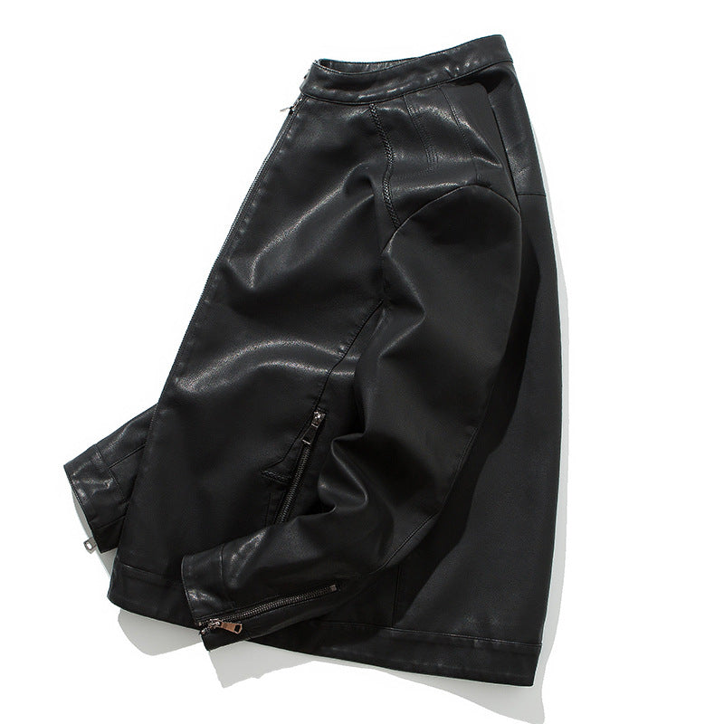Chaqueta de cuero ajustada para hombre – Cuello alto, cierre frontal con cremallera, cuero PU, ropa casual