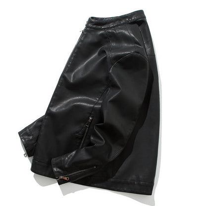 Chaqueta de cuero ajustada para hombre – Cuello alto, cierre frontal con cremallera, cuero PU, ropa casual