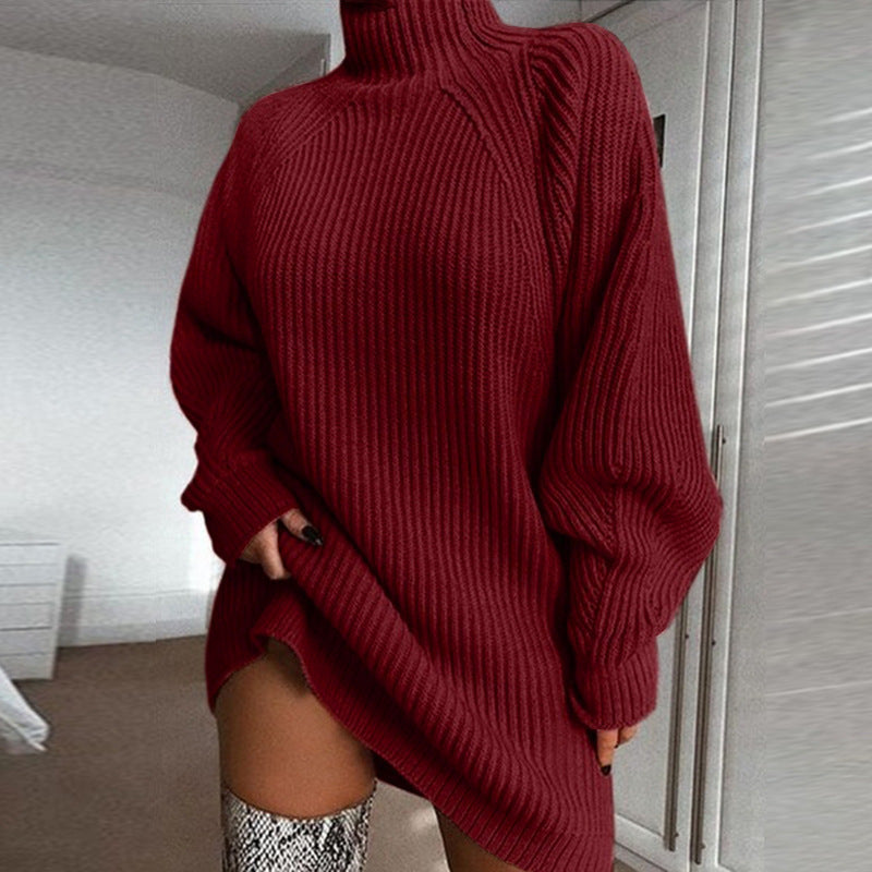 Oversized Women's Sweater Dress - Turtleneck Ribbed Winter