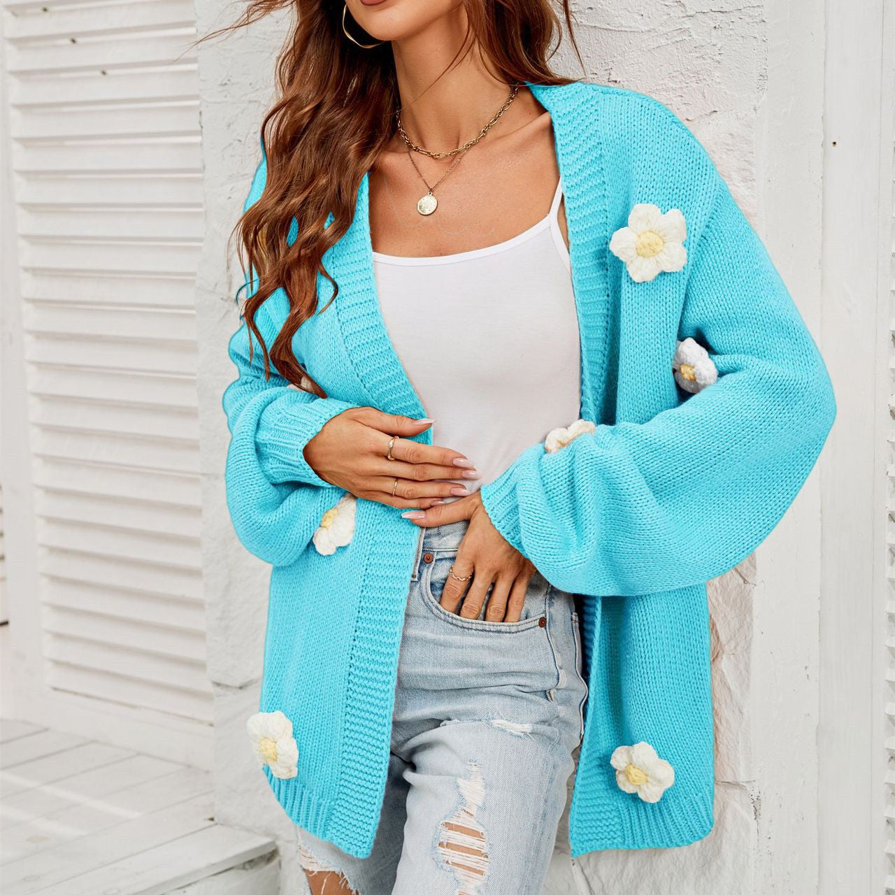 Oversized Women’s Cardigan - Lantern Sleeve, Acrylic Casual