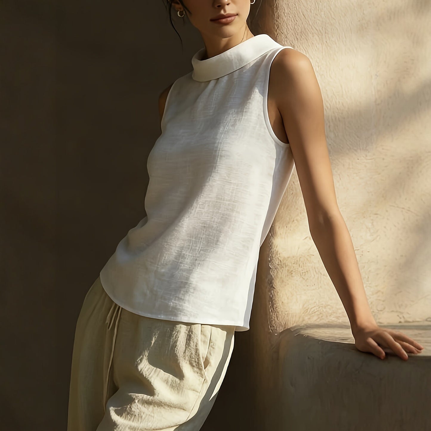 Breathable women's sleeveless shirt - structured stand-collar, linen, office-to-dinner