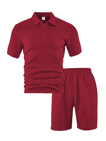 Breathable men's polo shirt and shorts set – durable textured pattern, polyester, for casual wear