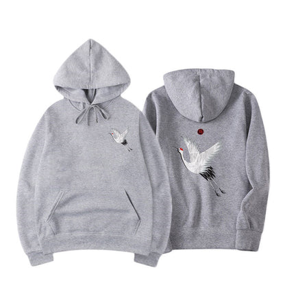 Oversized relaxed hoodie - embroidered crane, cotton blend