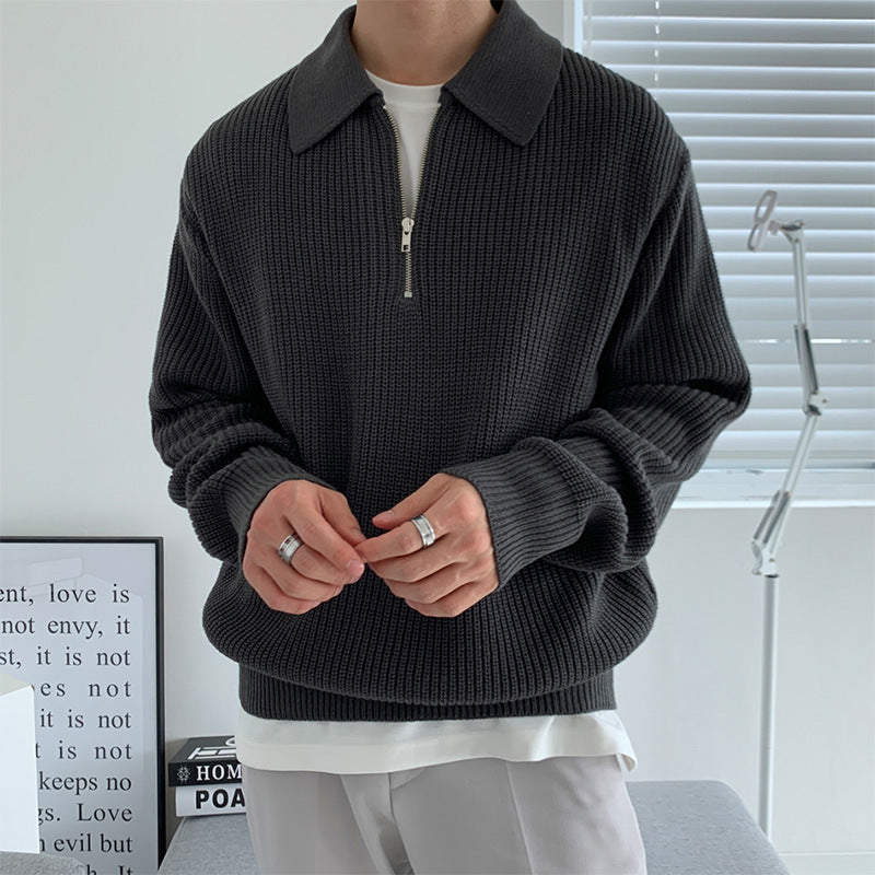Figursyet herresweaterjakke - lynlåshals, ribstrik, afslappet
