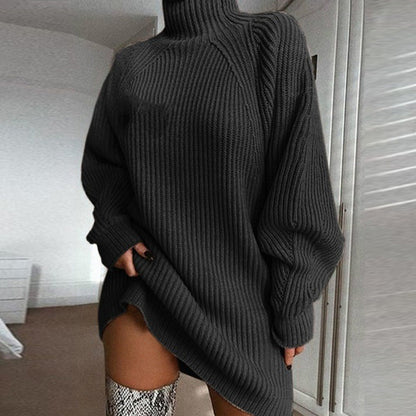 Oversized Women's Sweater Dress - Turtleneck Ribbed Winter