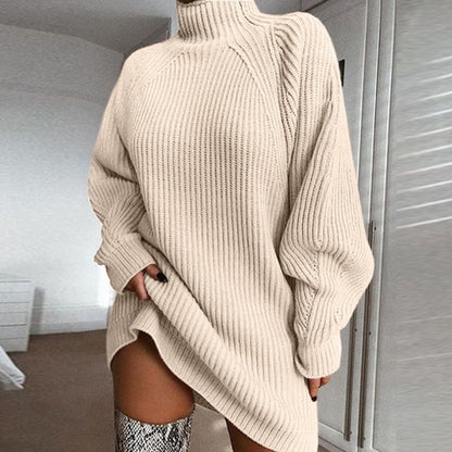 Oversized Women's Sweater Dress - Turtleneck Ribbed Winter