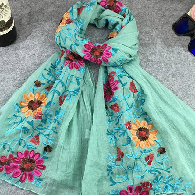 Lightweight Flowy Women Scarf - Embroidered Floral, Cotton