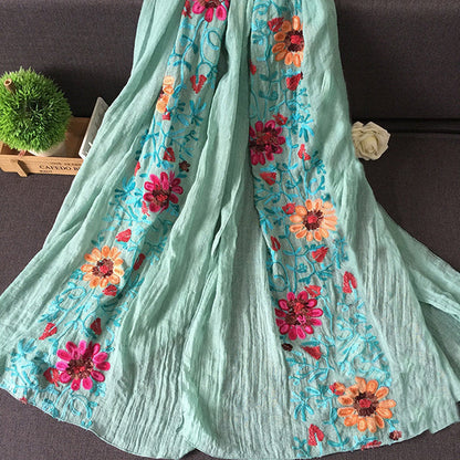 Lightweight Flowy Women Scarf - Embroidered Floral, Cotton