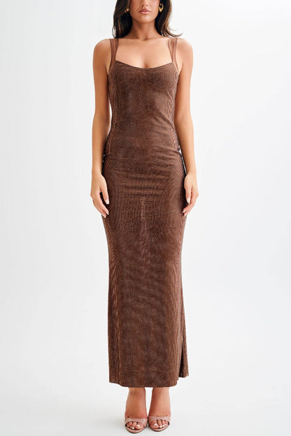 Open Back Sequin Mesh Black Maxi Dress for Women, Ankle-Length Scoop Neck Long Dress with Adjustable Straps-5