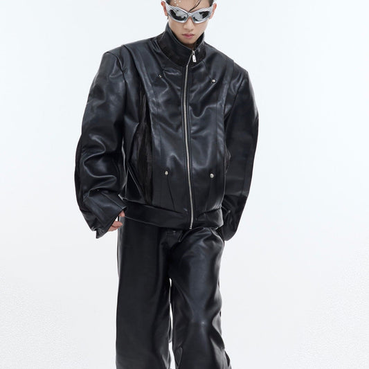 Warm men's PU leather coat - heavy-stitching biker-cut, PU leather, casual urban fall wear for streetwear enthusiasts