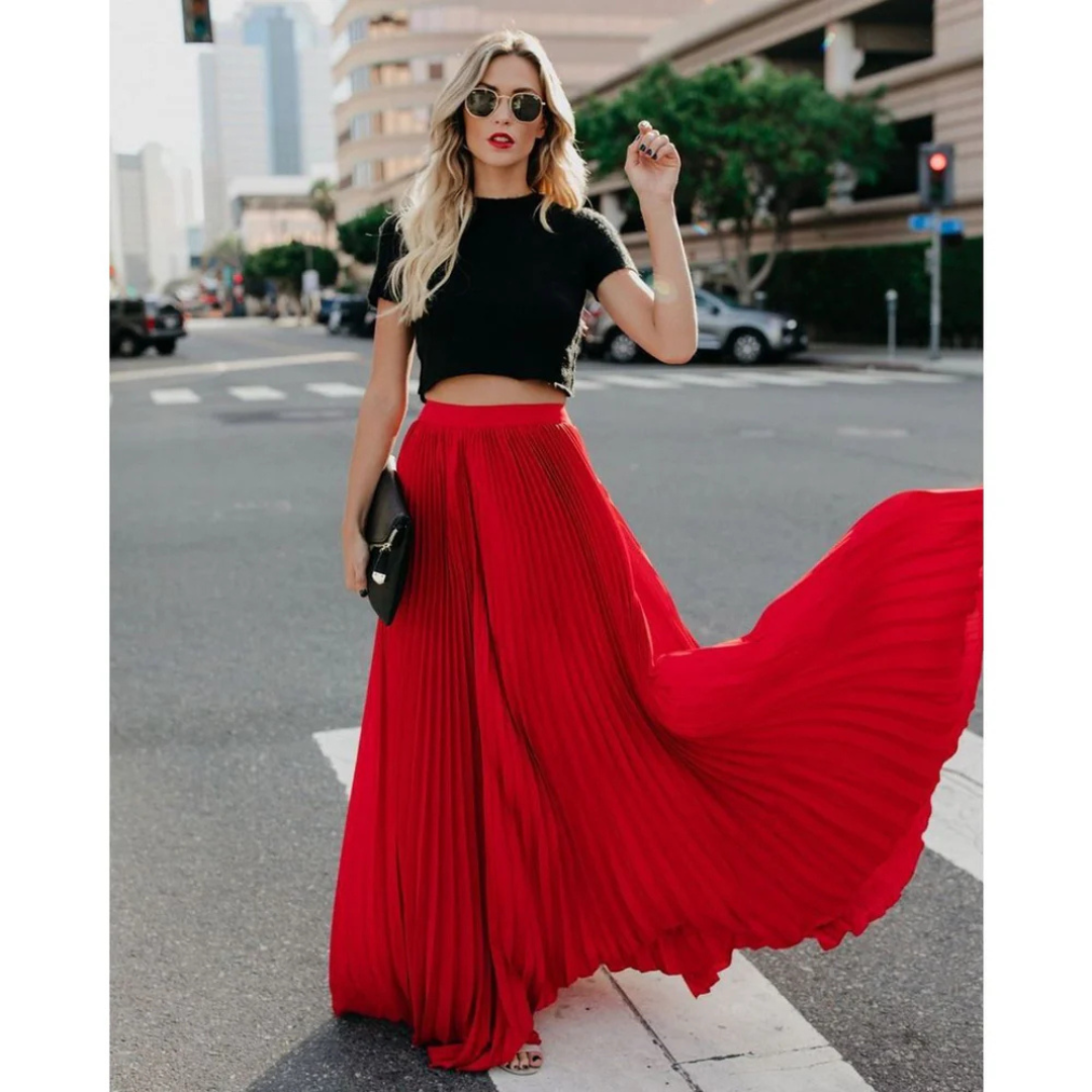 Elegant Pleated Long Skirt for Women, Full-Length Black Maxi Skirt with Elastic Waistband, Versatile and Comfortable-5