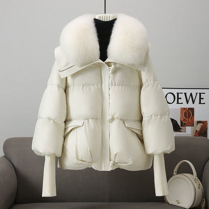 Insulating Women's Puffer Jacket - Short Boxy Fur Collar