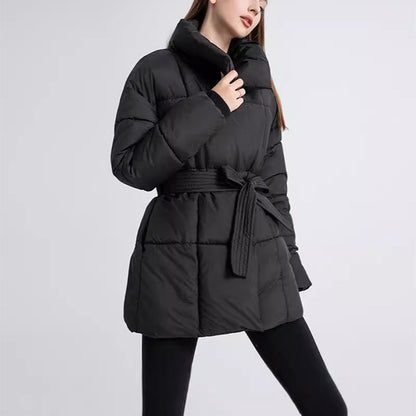 Warm Womens Puffer Coat - Belted Quilted Nylon Midthigh