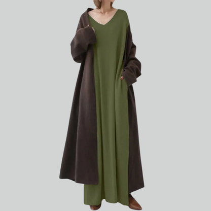 Tyrkisk Eid Solid Muslim Hijab Kjole A-linje V-hals Abaya til kvinder, Dubai Arab Kaftan