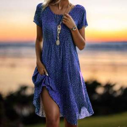 Soft women's dress - scoop neck, flowy mid-length silhouette, geometric print, casual everyday wear
