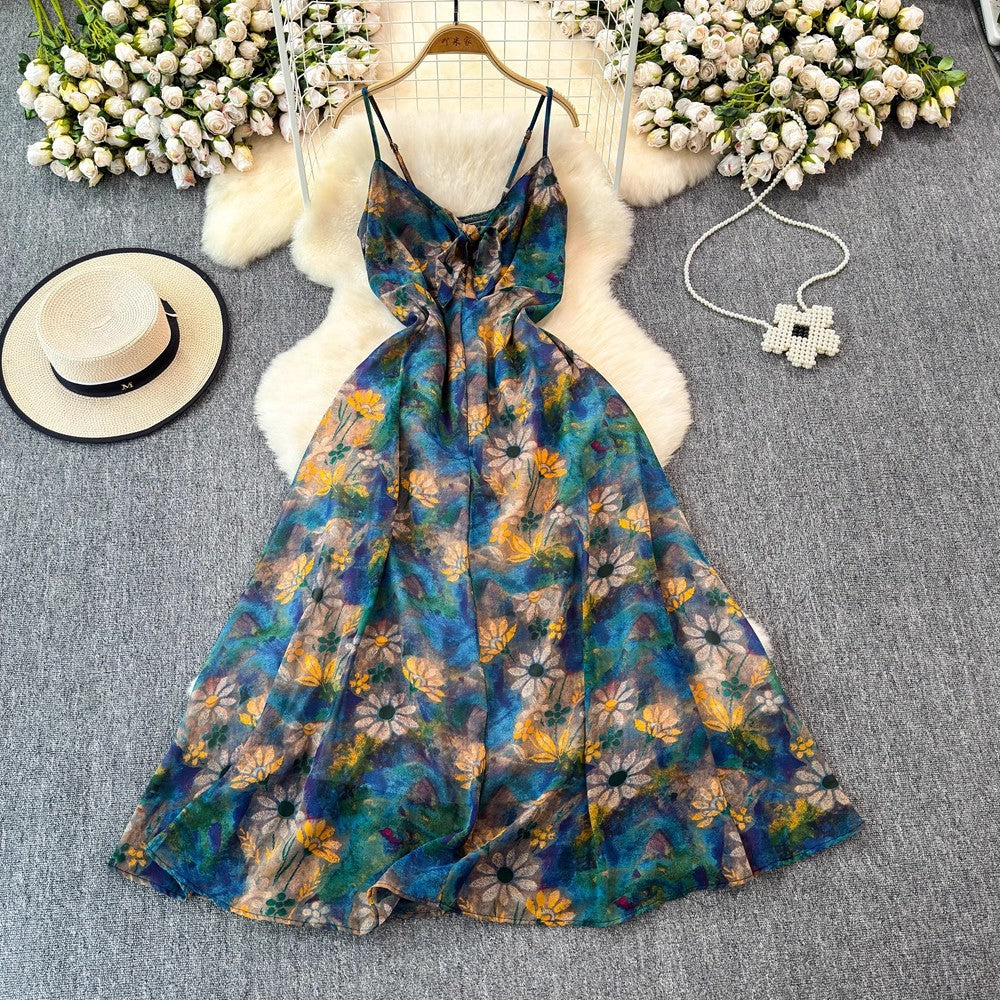 Leichtes Damenkleid – V-Ausschnitt mit Trägern, verstellbare Taille, Blumenmuster, für den Sommer