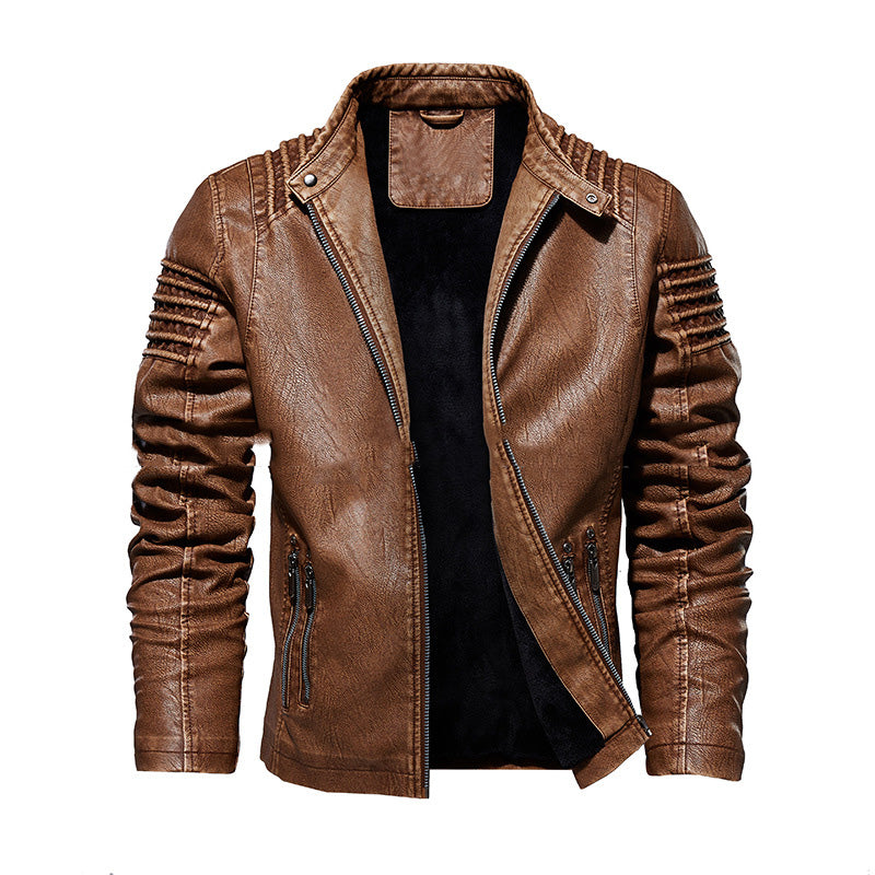 Cazadora de cuero para hombre cálida - clásica chaqueta de motorista con cuello alto, cuero PU con forro de terciopelo, ropa casual de invierno