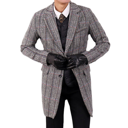 Insulating Men's Overcoat - Tailored Herringbone, Wool, Work
