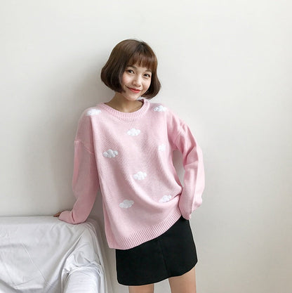 Oversized Cozy Women’s Sweater - Cloud Applique Knit Casual