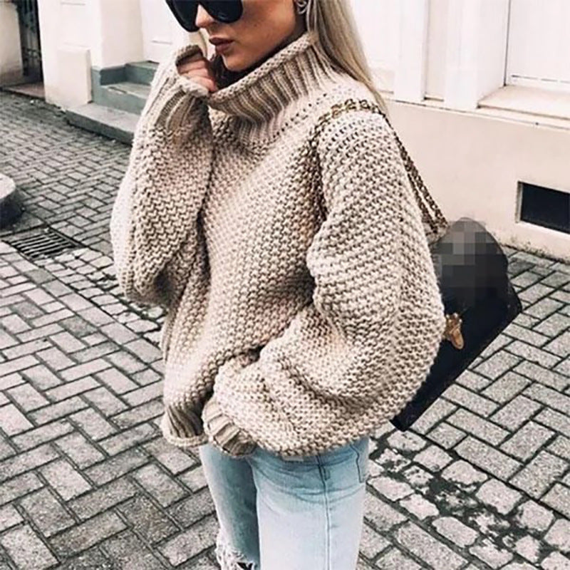 Oversized Women Turtleneck Sweater - Chunky Knit, Winter