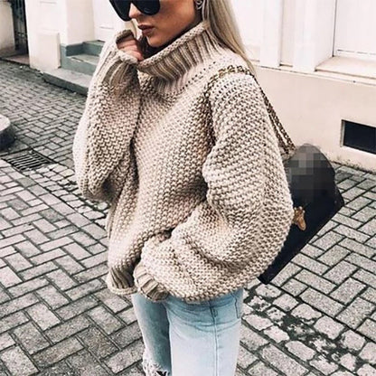 Oversized Women Turtleneck Sweater - Chunky Knit, Winter