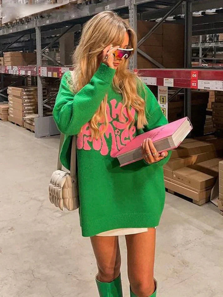 Oversized Women’s Pullover - Graphic Sleeve, Knit, Everyday