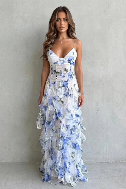 Lightweight Women's Dress – V-Neck, Spaghetti-Strap, Layered Organza Fairy-Skirt, For Spring And Summer Events