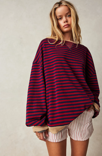 Sudadera extragrande para mujer - Casual de algodón a rayas con corte cuadrado