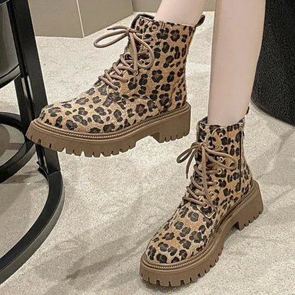 Supportive Women's Ankle Boots - Lace Up Sole, Leopard