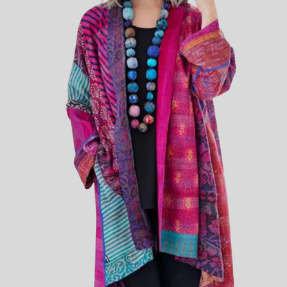 Vintage Cotton Linen Ethnic Print Cardigan - Large Size Long Sleeve Women's Sweater