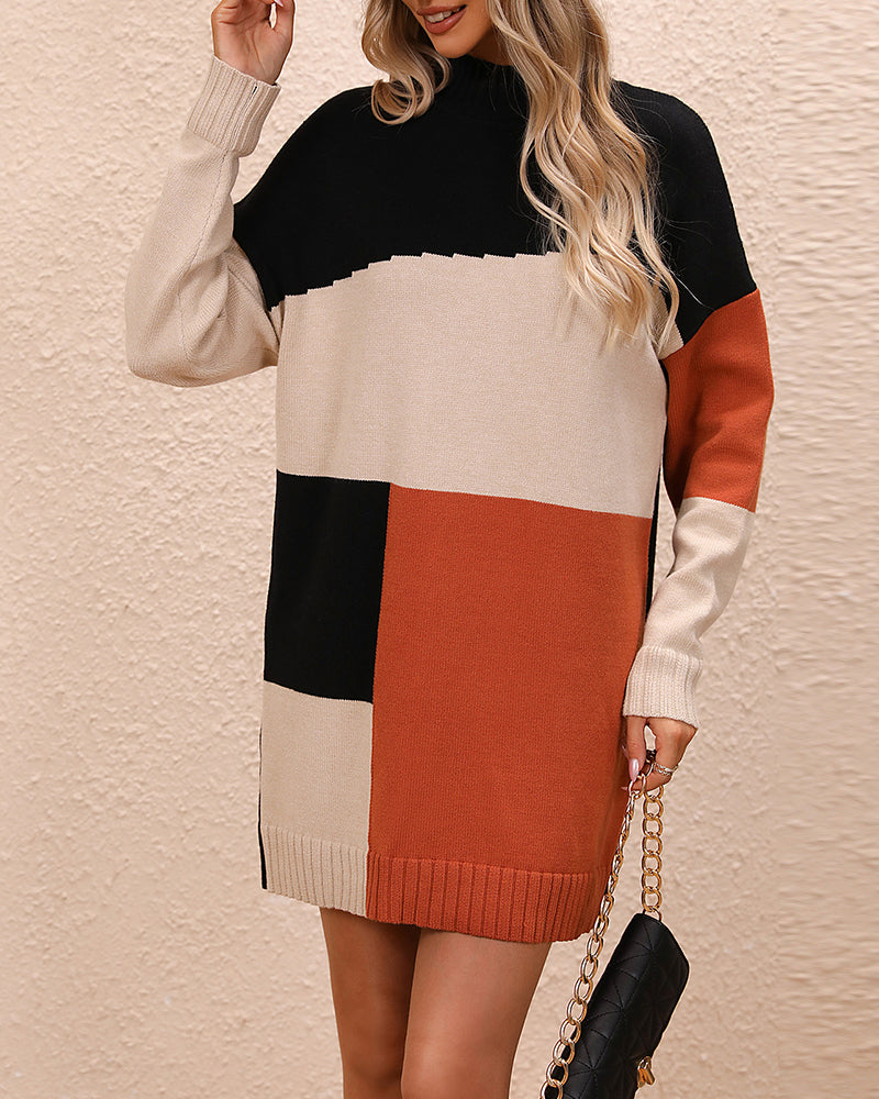 Warm Cozy Women's Tunic Sweater - Colorblock Knit, Winter