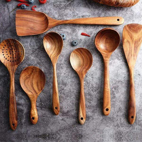 7pcs Teak Wooden Utensil Set – Premium Non-Scratch Kitchen Tools, Handcrafted Teak for Long-Lasting Durability