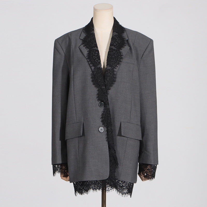 Structured women's blazer - lace-panel design, long-sleeve, polyester, for office-ready workwear