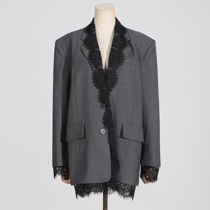 Structured women's blazer - lace-panel design, long-sleeve, polyester, for office-ready workwear