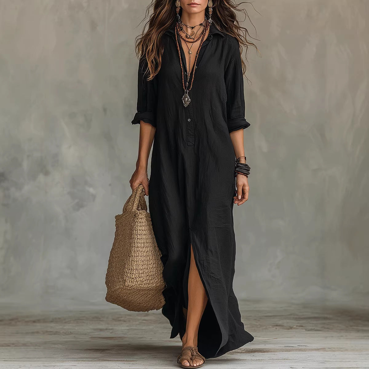 Soft women's flowy maxi dress - long-sleeve lapel-collar, solid, beach vacation