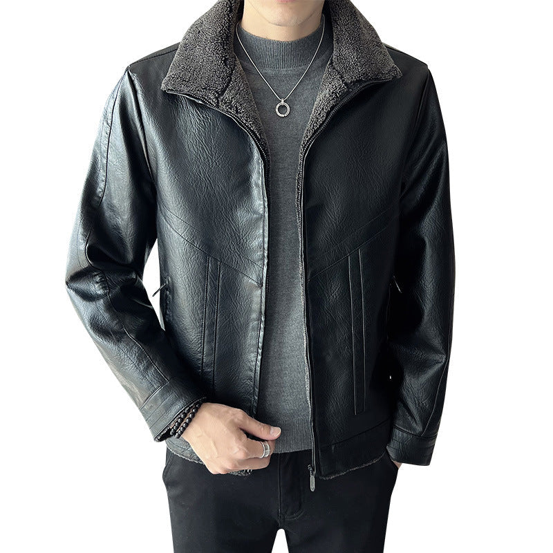 Chaqueta bomber de cuero para hombre cálida y duradera - cuello de terciopelo, cuero PU, ropa casual