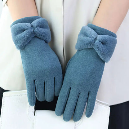 Warm Women Gloves - Bow Cuff, Fleece Lined, For Winter