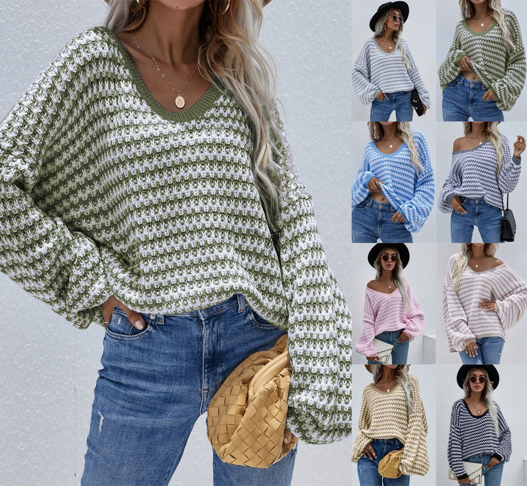 Oversized Women’s V Neck Sweater - Textured Knit, Casual