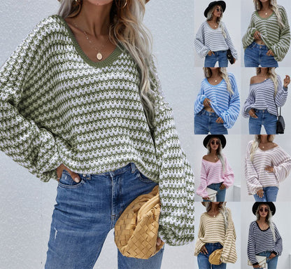 Oversized Women’s V Neck Sweater - Textured Knit, Casual