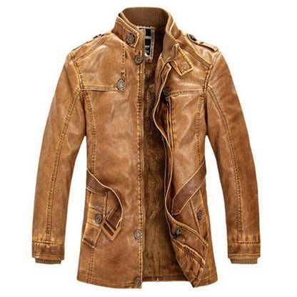 Durable Men's Leather Jacket - Classic Stand-Up Collar, Zip-Front, Belted Waist, PU Leather, Casual Fall and Winter