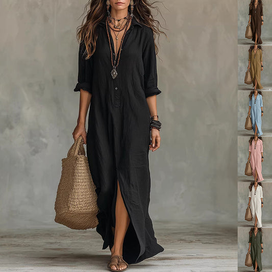 Soft women's flowy maxi dress - long-sleeve lapel-collar, solid, beach vacation