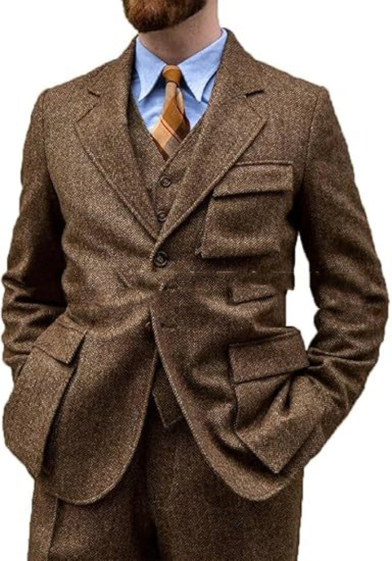 Wrinkle-free men's three-piece suit - slim-fit, herringbone wool, for formal events and business wear