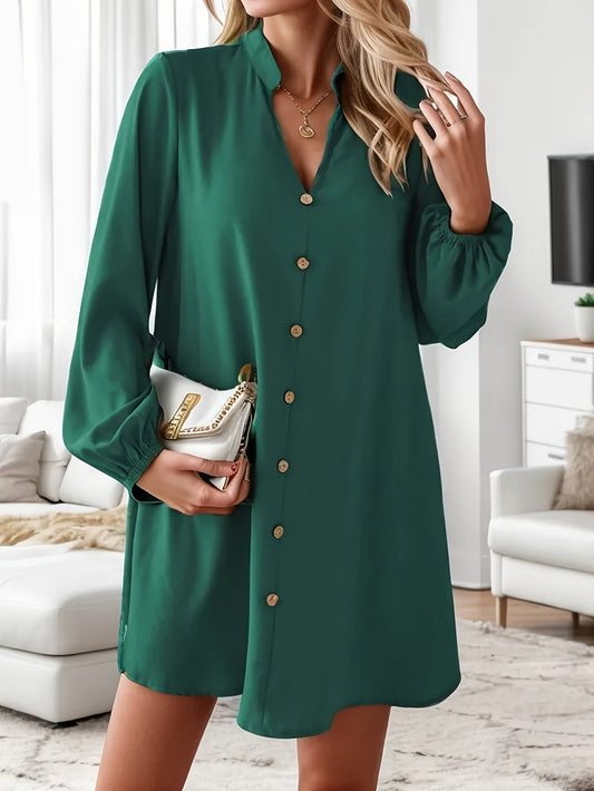 Airy Casual V-Neck Long Sleeve Dress for Women, Loose Fit Summer Midi Dress in Multiple Colors-1