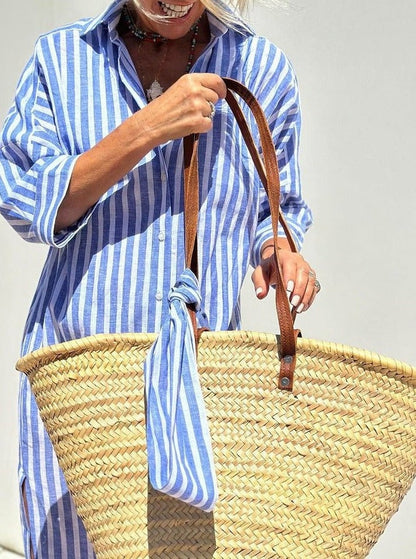 Classic Striped Women's Dress with Lace Trim, Elegant Summer Dress for Versatile Styling-5