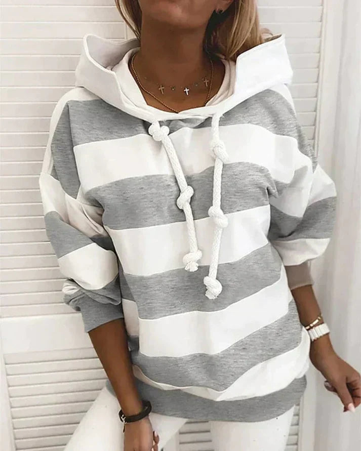 Soft Women’s Hooded Pullover - Striped Relaxed Cotton, Casual